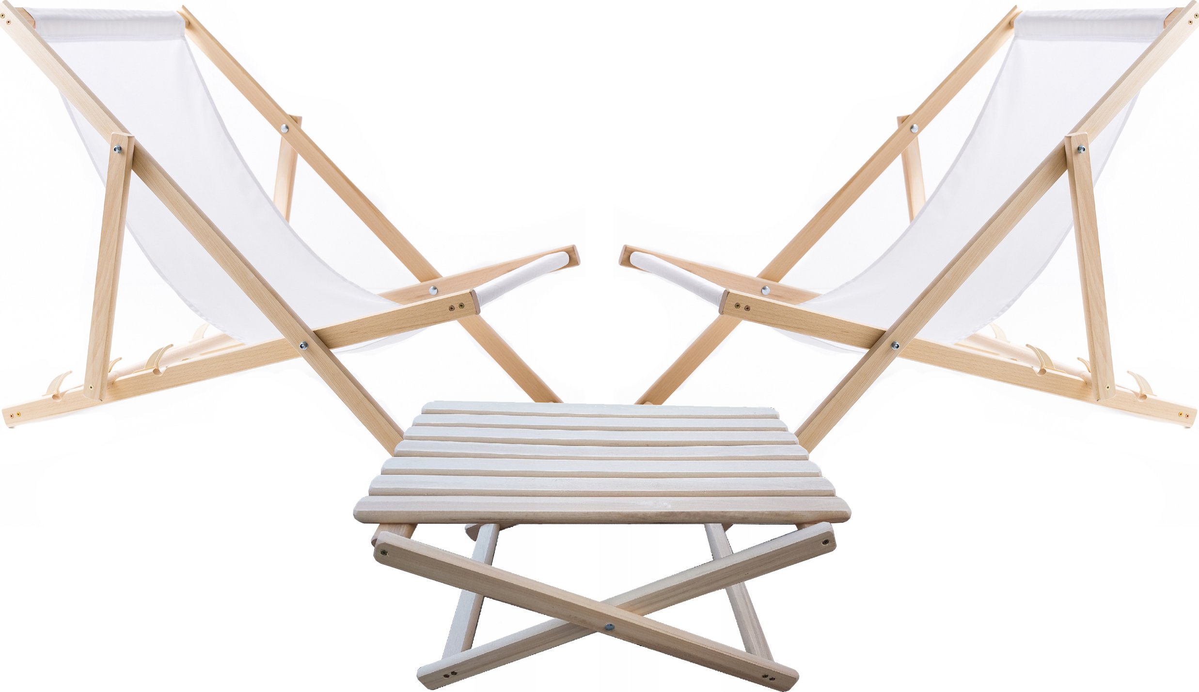 2X LEŻAK PLAŻOWY OGRODOWY DREWNIANY WOODOK biała tkanina + STOLIK KAWOWY SKŁADANY