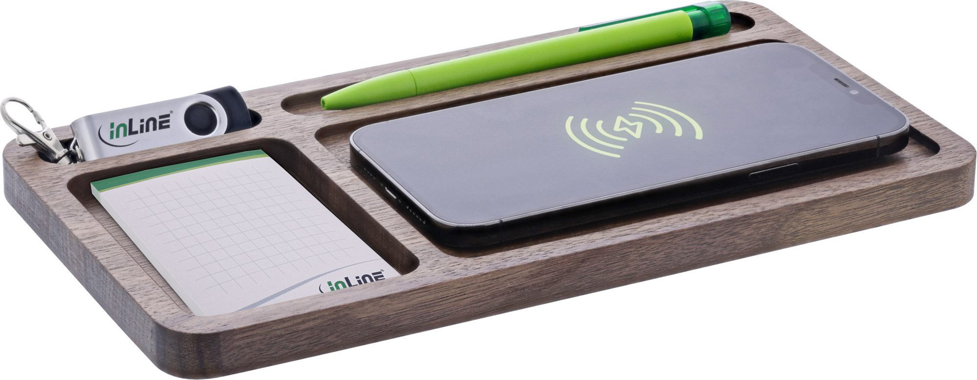 InLine ® WoodCharge Organizer z wbudowaną powierzchnią ładującą Qi z orzechowego drewna