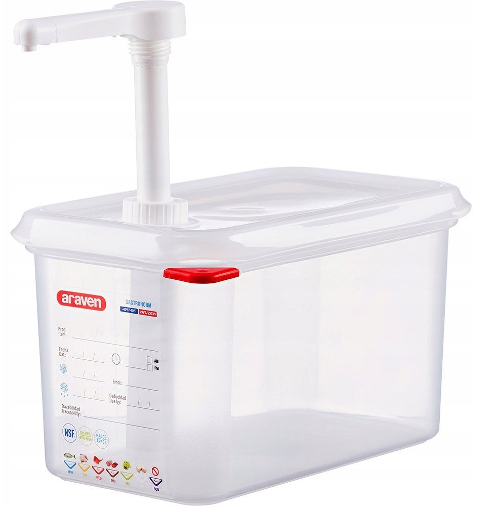 Dyspenser do sosów z pompką, pojemnik GN 1/4, porcja 10 ml | ARAVEN, 3787