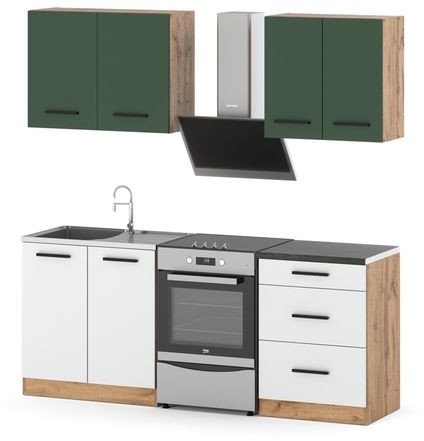 Meble kuchenne modułowe z blatem małe 2m wotan butelkowa zieleń biały mat