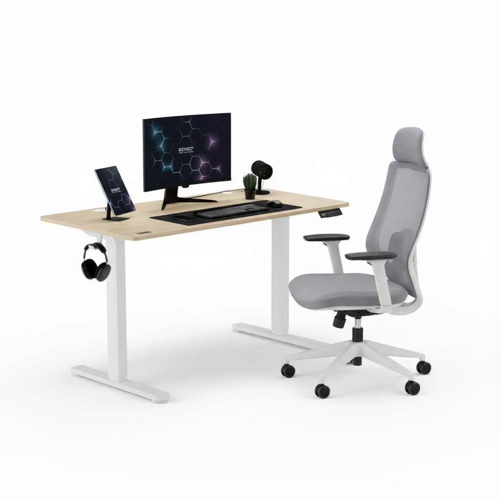 Krzesło biurowe SENSE7 Krzesło biurowe Nakai Biało-szare + Biurko elektryczne Nojo 120x60 White Pine