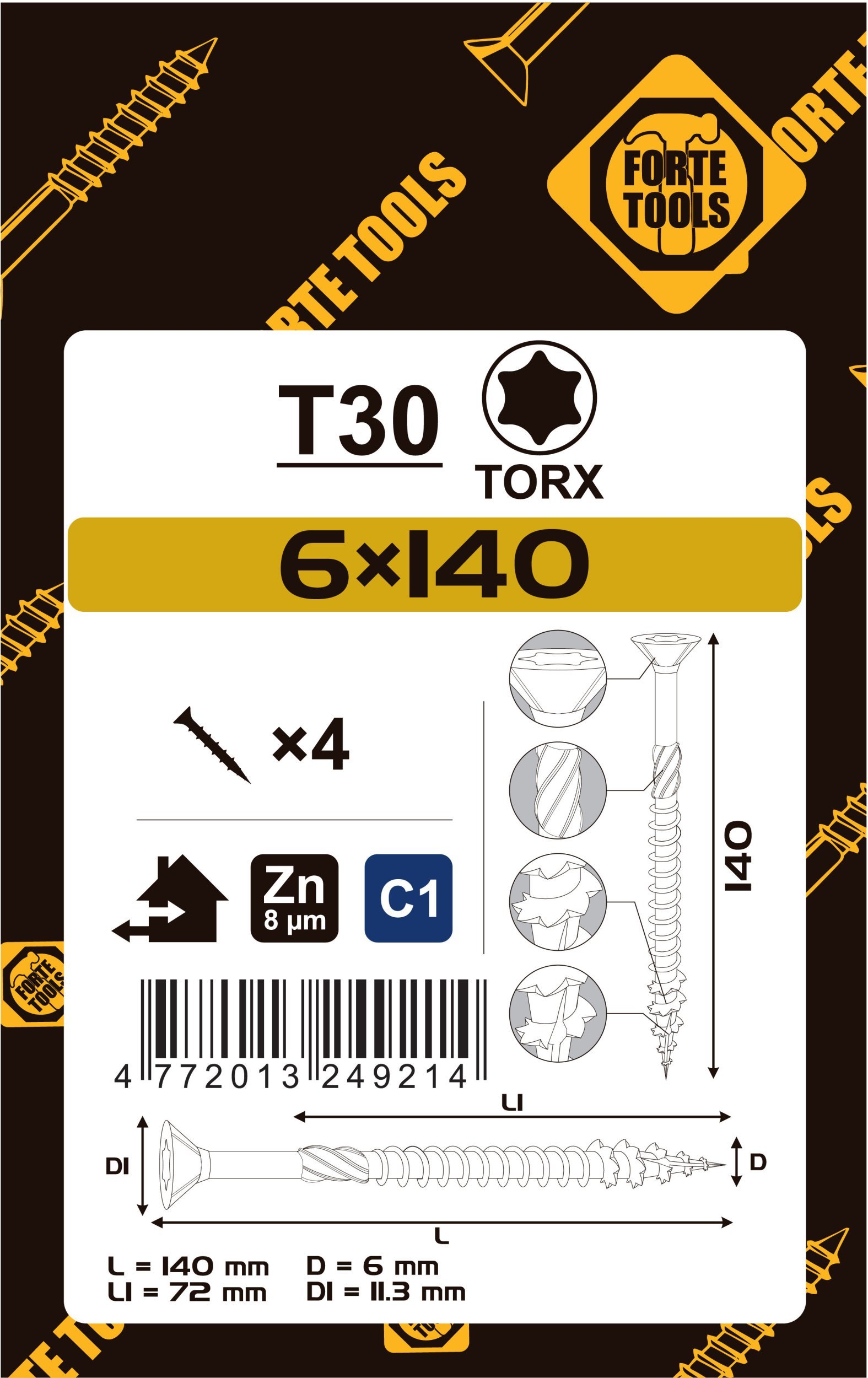 CHIPBOARD SCR T30 6.0X140/72 WHIT ZN4PCS