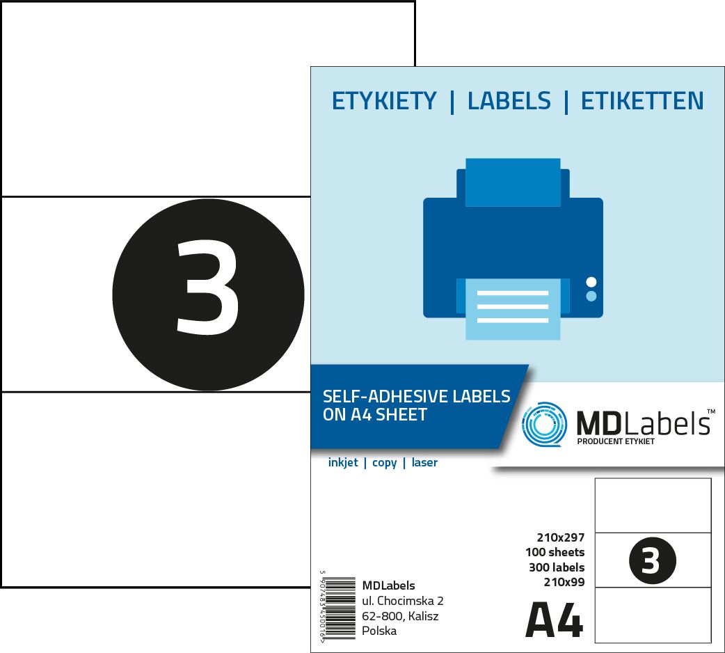 MD Labels Etykiety naklejki samoprzylepne 210x99mm na arkuszu A4 100 ark