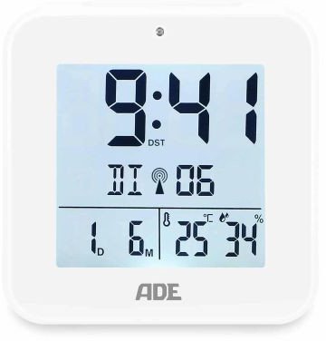 ADE Zegar elektroniczny z termometrem i higrometrem, 8 x 3,5 x 8 cm, biały