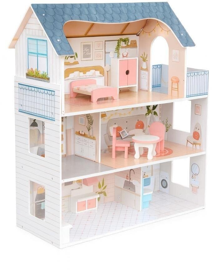 Domek dla lalek drewniany, z balkonem i dachem