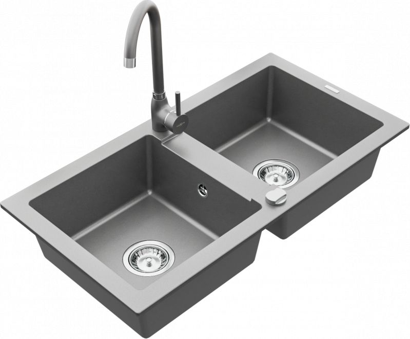 Zlewozmywak Mexen Mario zlewozmywak granitowy 2-komorowy z baterią kuchenną Telma, szary - 6504-71-670200-71