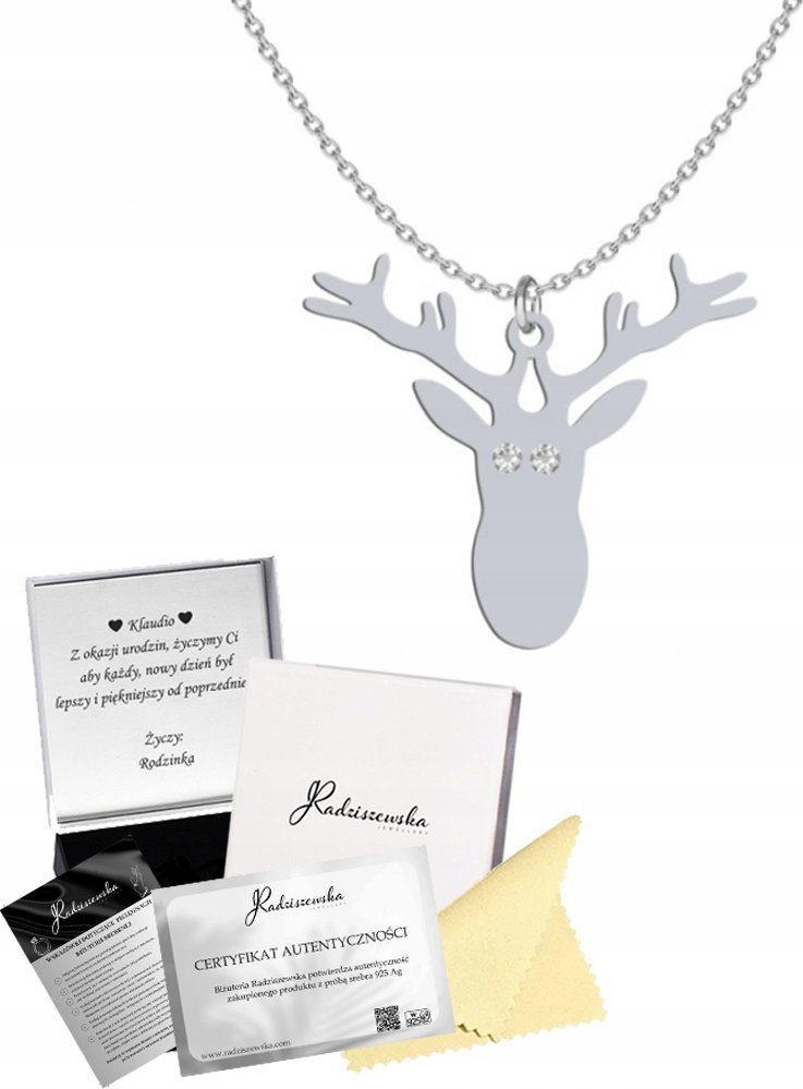 Radziszewska Jewellery Naszyjnik Srebrny z Reniferem Prezent na Boże Narodzenie DEDYKACJA GRATIS