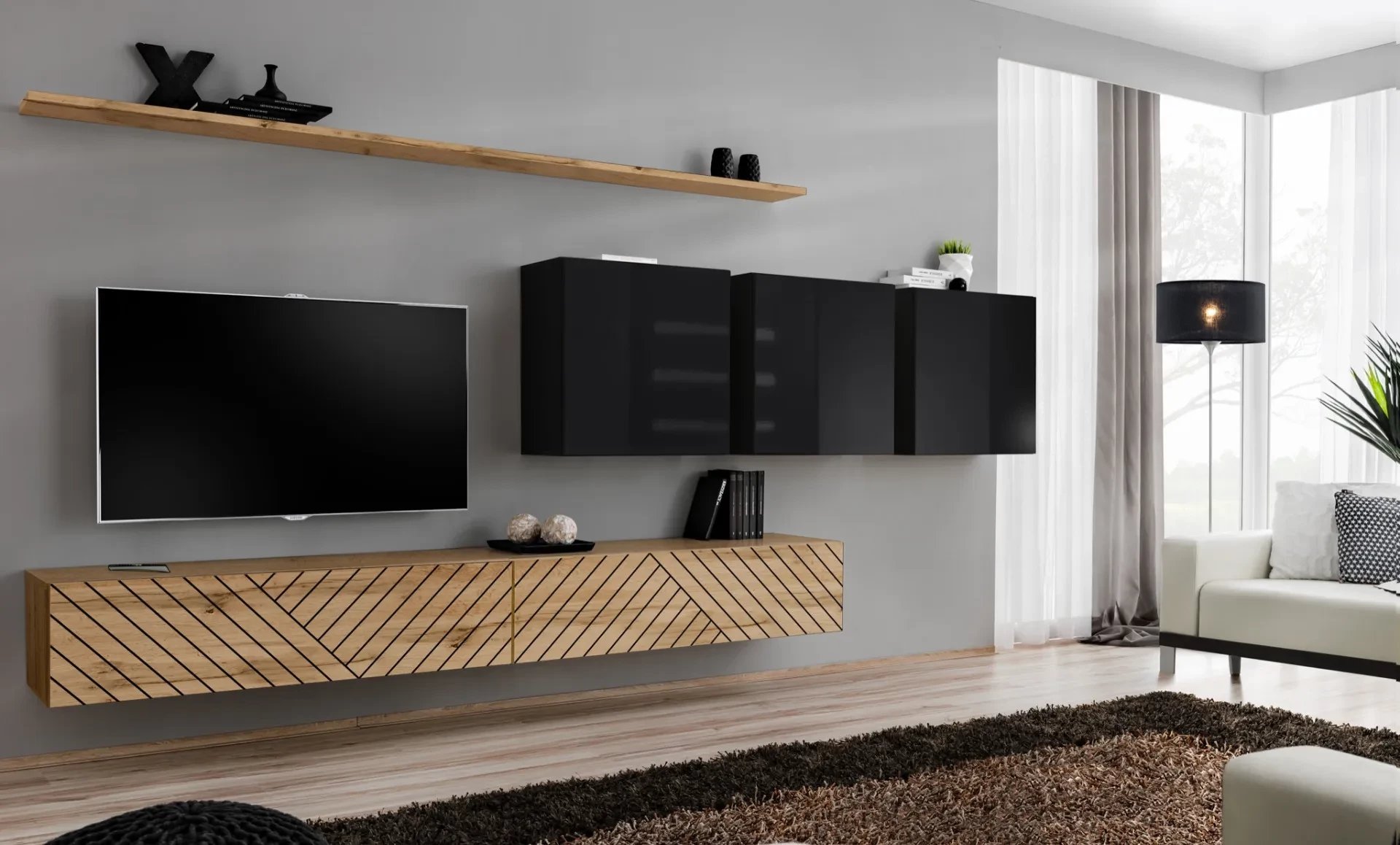 Meblościanka SWITCH LAMEL VII dąb wotan/czarna ASM Meble