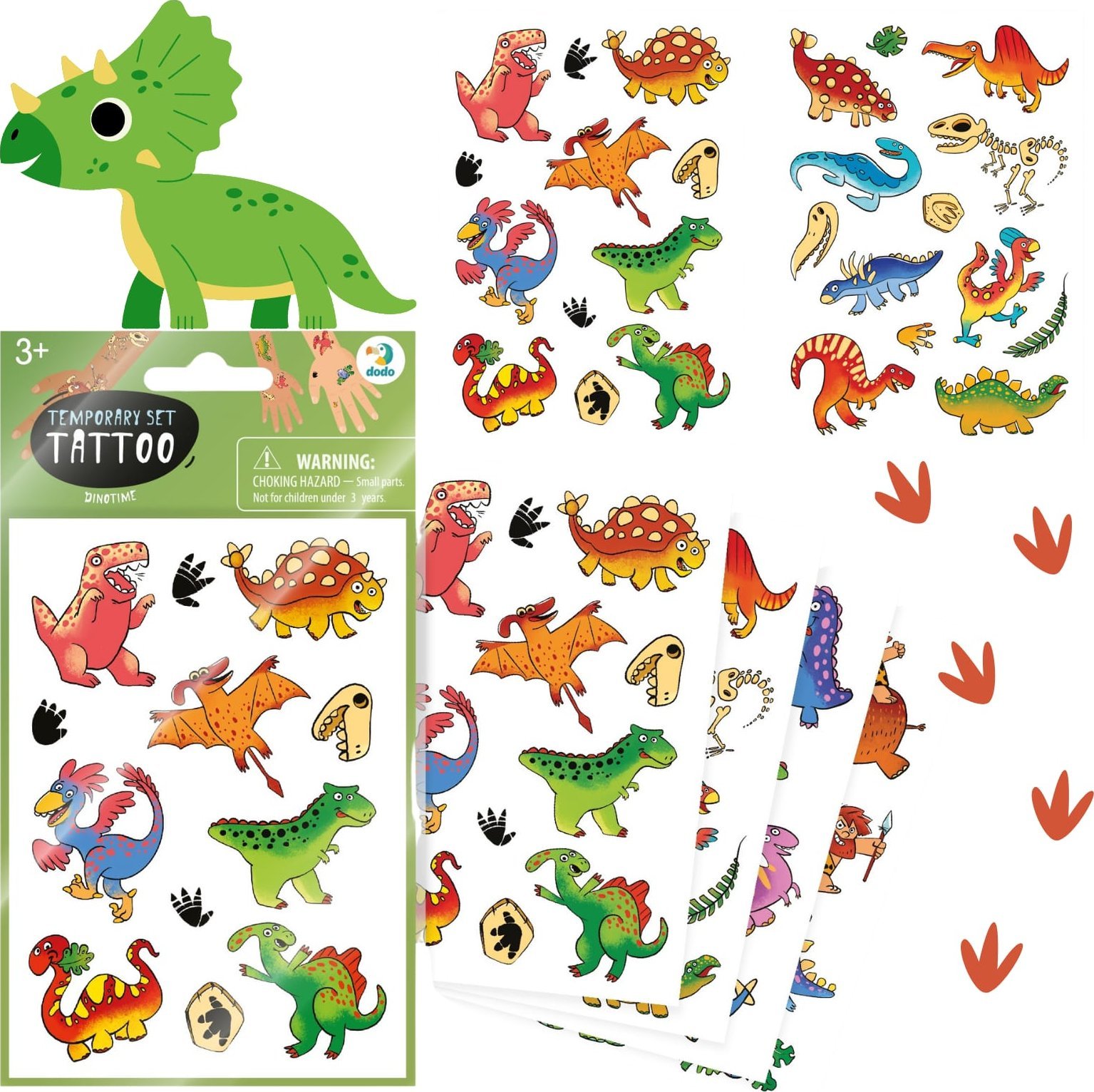 Dodo ZESTAW TYMCZASOWYCH TATUAŻY "DINOZAURY" 4 ARKUSZE Z KOLOROWYMI TATUAŻAMI