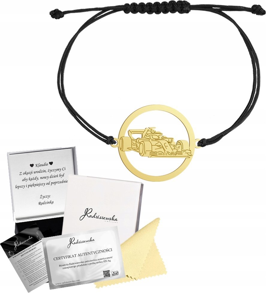 MEJK Jewellery Bransoletka Złota Bolid Formuła 1 Sznurek SREBRO 925 Prezent GRAWER GRATIS