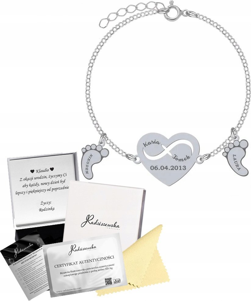Radziszewska Jewellery BRANSOLETKA SREBRNA DLA MAMY SERCE STÓPKI Z GRAWEREM PREZENT ŻYCZENIA 925
