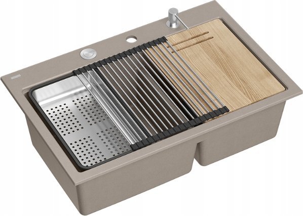 Zlewozmywak GraniteQ MARC 120 WORKSTATION GraniteQ zlewozmywak 2-komorowy 760*500*235 mm soft taupe + syfon push to open + dozownik stal szcz.+ wkładk