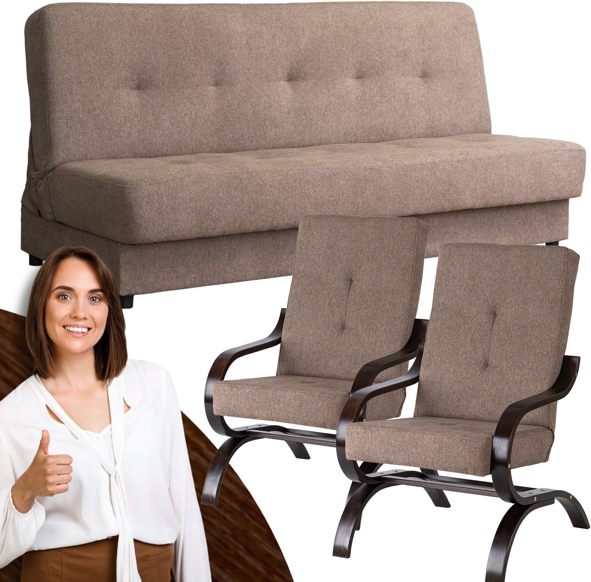 Zestaw Mebli Wersalka Kanapa Rozkładana Beżowa i 2 Fotele Beżowe ARUBA