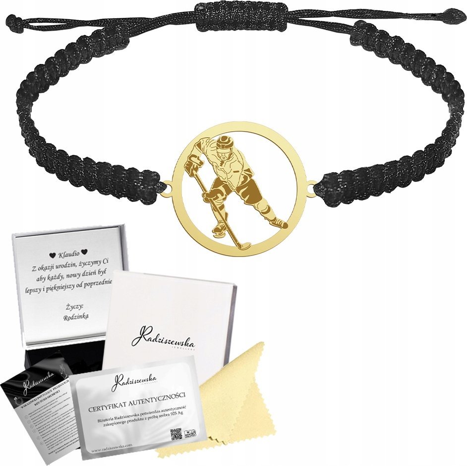 Radziszewska Jewellery Bransoleta Złota Męska Hokej HOKEISTA 925 Makrama Prezent GRAWER GRATIS