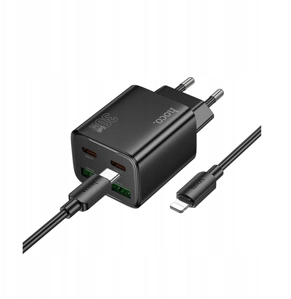 Ładowarka Hoco Ładowarka sieciowa do telefonu 2 x USB C + 2 x USB A QC3.0 PD 3A 30W + kabel USB C do Lightning N56 czarna