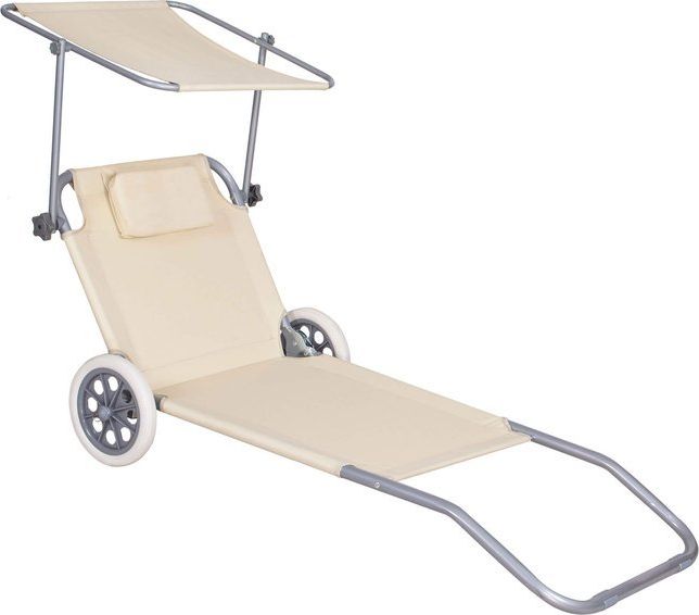 Springos Leżak ogrodowy z kółkami i daszkiem składany beżowy
