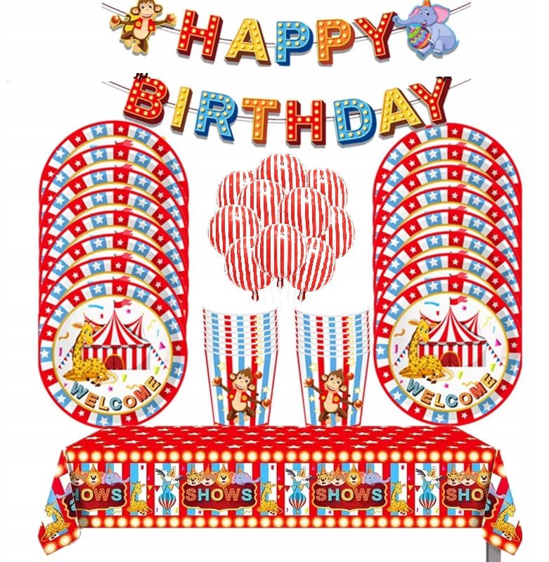 Zestaw Naczyń Jednorazowych Happy Birthday Urodziny Cyrk Circus 32 el