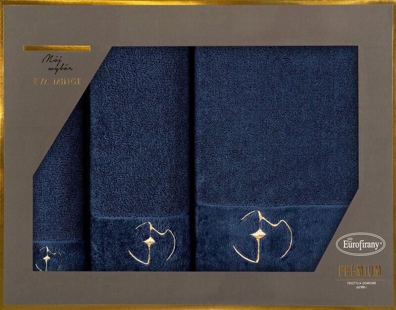Eurofirany Komplet ręczników bawełnianych z welurową bordiurą i haftem Eva Minge x 3 granatowe