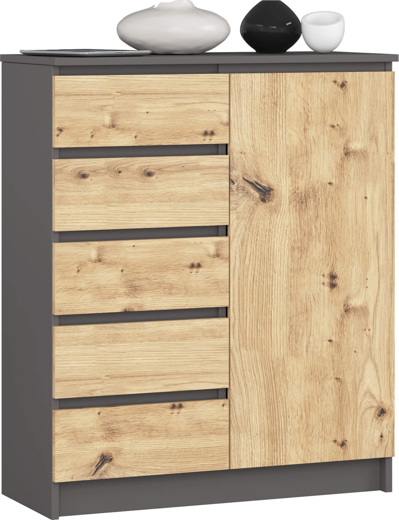 Komoda do salonu 80 cm 1 drzwi 5 szuflad 3 półki - grafit szary-dąb artisan