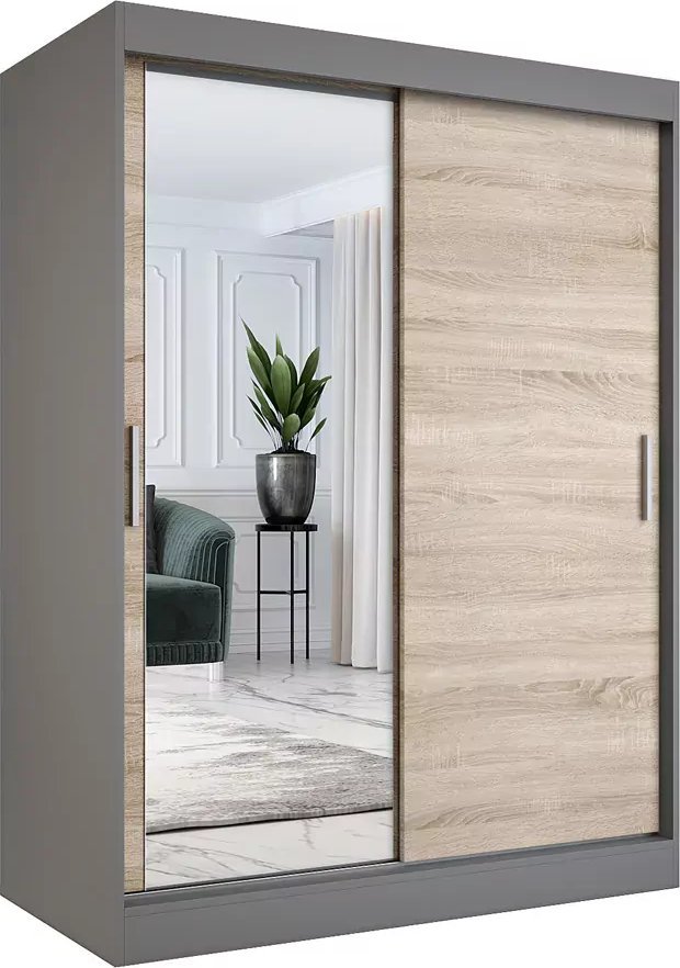 Elior Szafa przesuwna z lustrem 150 cm antracyt + dąb sonoma - Lenora 4X