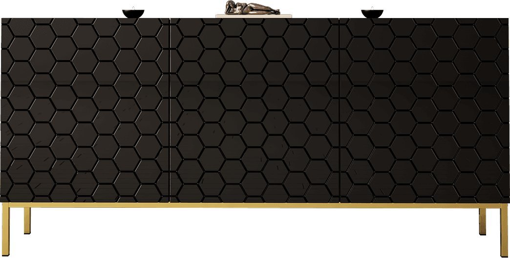 MEGSTYL KOMODA 160CM NA ZŁOTYCH NÓŻKACH - HEXA 2 Czarny mat - Czarny połysk