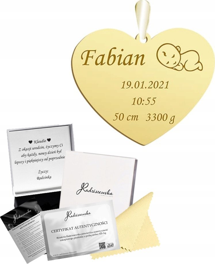 Radziszewska Jewellery Złota Zawieszka Serce Imię Dziecka Metryczka Prezent 925 Biżuteria GRAWER