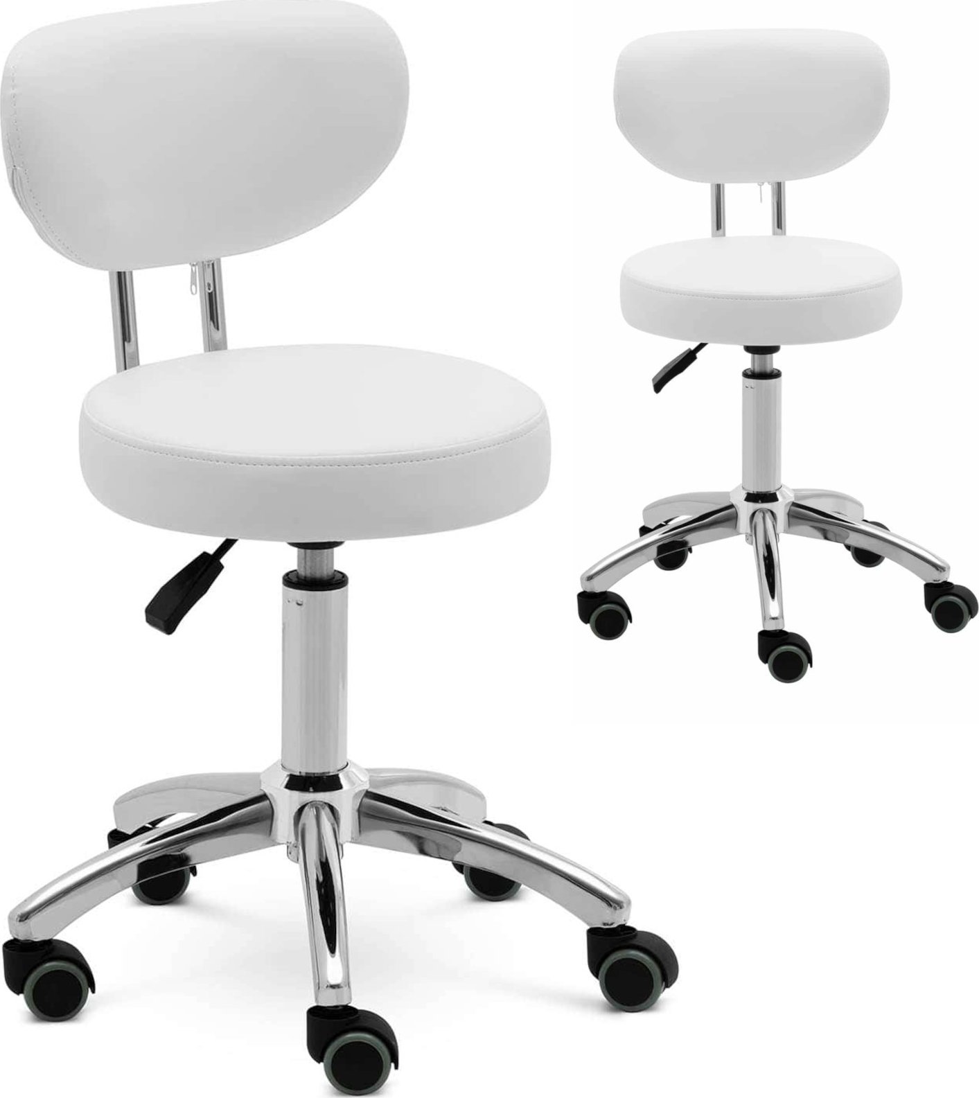 Physa Krzesło taboret hoker kosmetyczny z oparciem na kółkach do 150 kg ASCONA biały Krzesło taboret hoker kosmetyczny z oparciem na kółkach do 150 kg