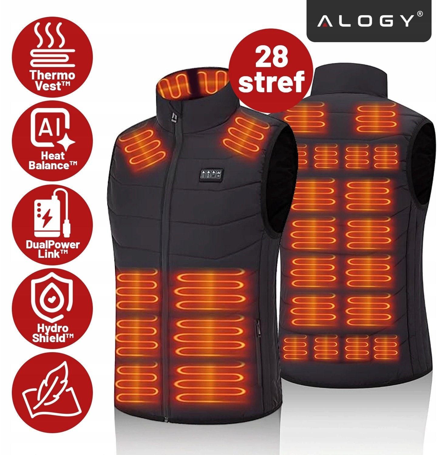 Kamizelka grzewcza z 28 strefami - 4-stopniowa regulacja temperatury, zasilanie USB, idealna na zimę i aktywności outdoor - Alog