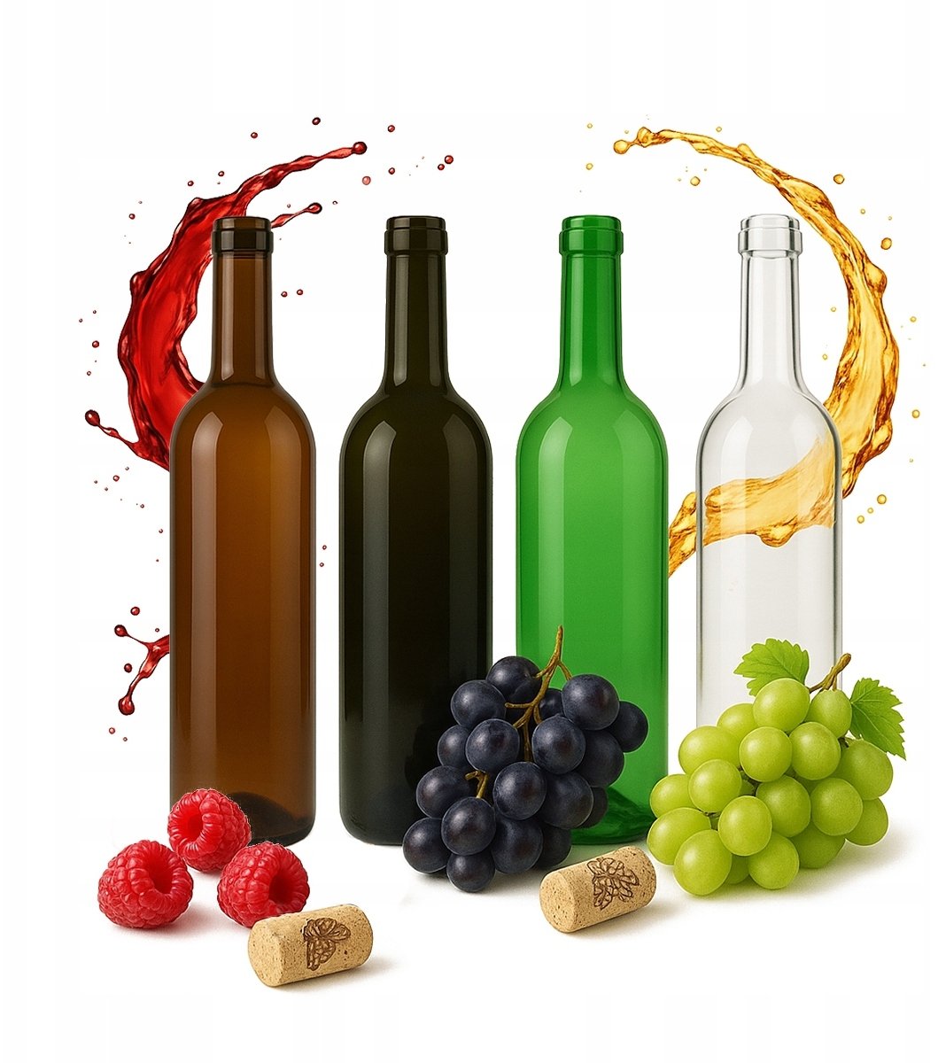 40x Butelki SZKLANE NA WINO 0,75L + korek 4 kolory Bordeaux zestaw 750ml
