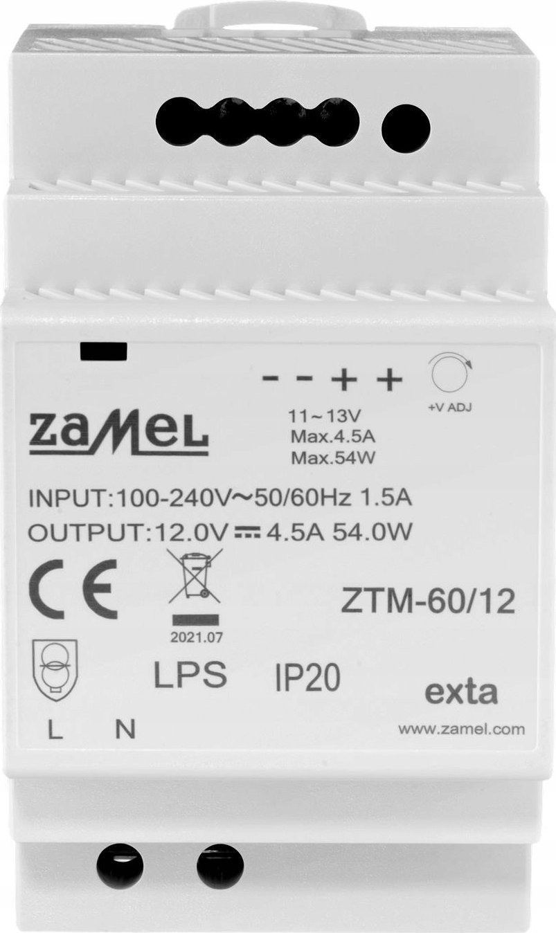 Zamel Zasilacz impulsowy montowany na szynie TH-35 (DIN) , 60W, 12V DC typ: ZTM-60/12 EXT10000283