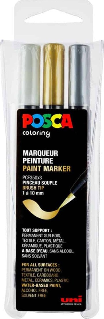 Posca zestaw markerów pędzelkowych PCF-350 trzy kolory złoty srebrny i biały