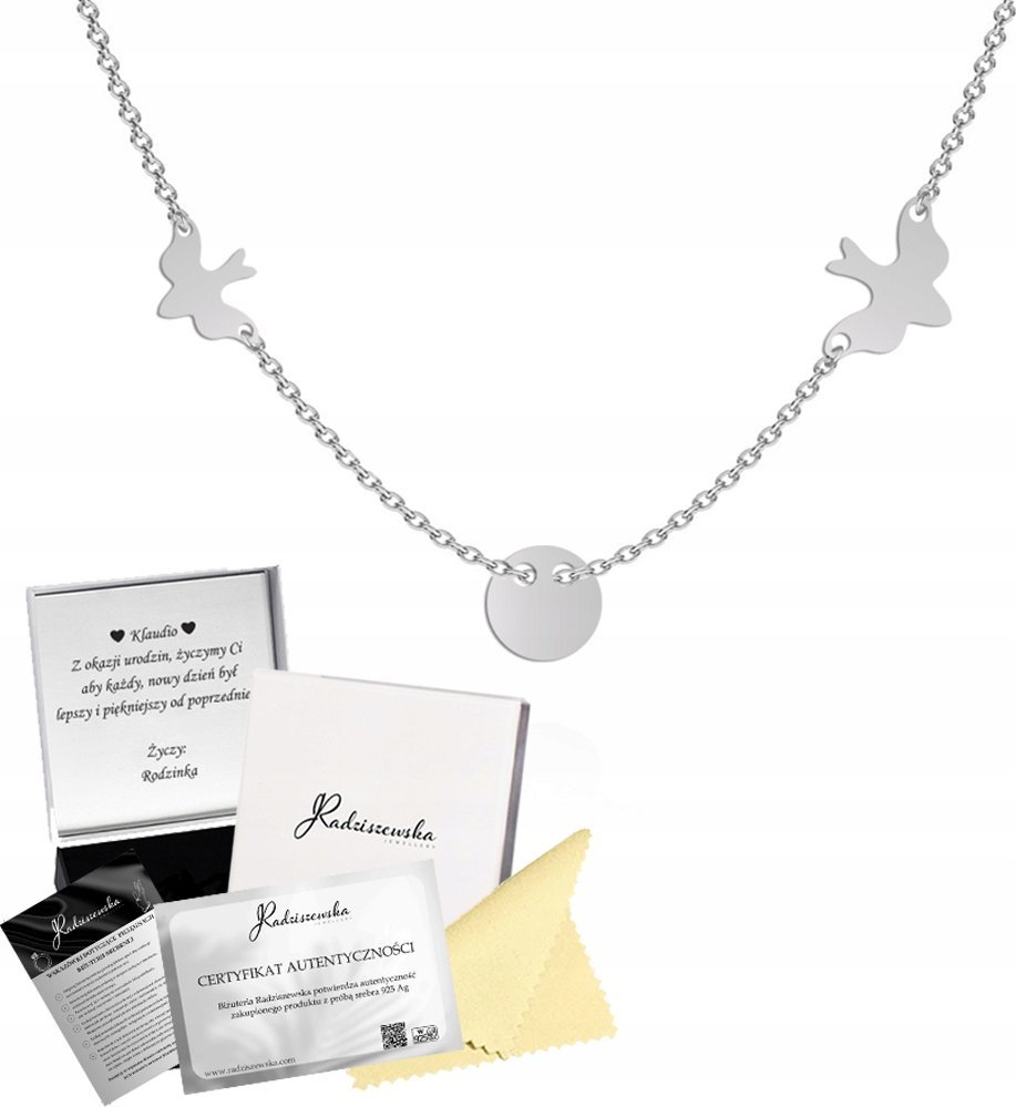 Radziszewska Jewellery Naszyjnik Srebrny Jaskółki z Grawerem Prezent Biżuteria DEDYKACJA GRATIS
