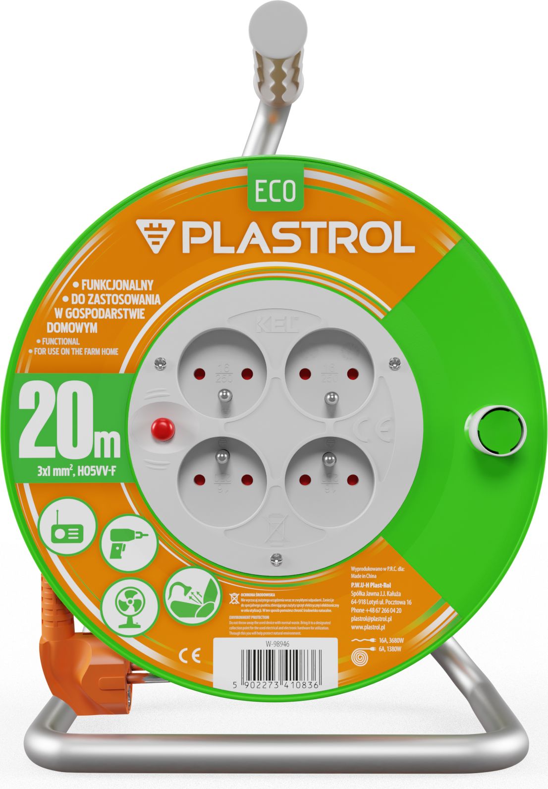 Plastrol Przedłużacz bębnowy ECO LINE, 4x2p+Z, 10A, 2300W, przewód 3x1mm H05VV-F; 20m; pomarańczowy (W-98946)