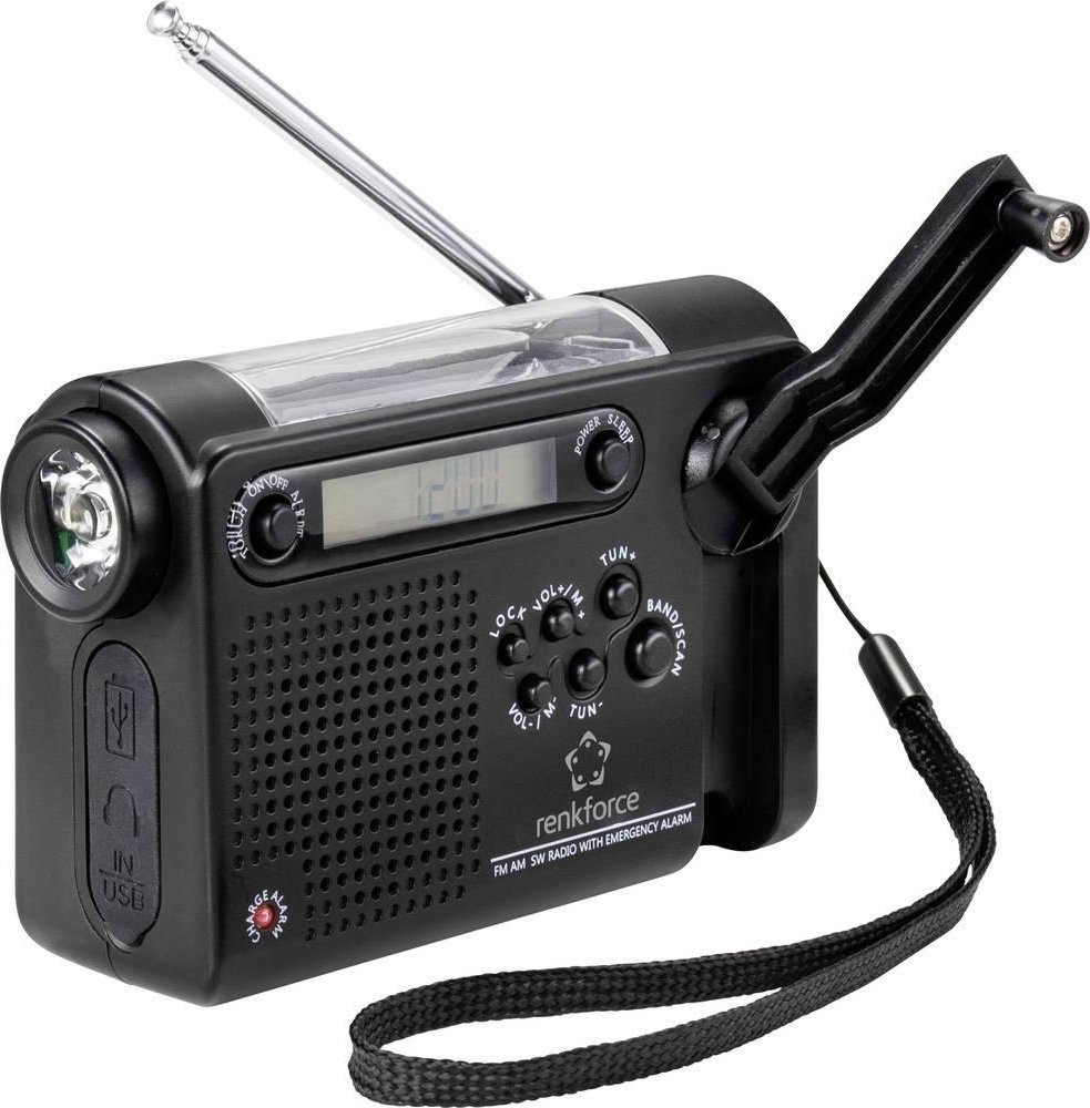 Radio budowlane Renkforce Renkforce RF-CR-200 Kofferradio UKW, MW, KW wiederaufladbar, Solarpanel, Handkurbel, Weckfunktion, Taschenlampe Schwarz (RF-
