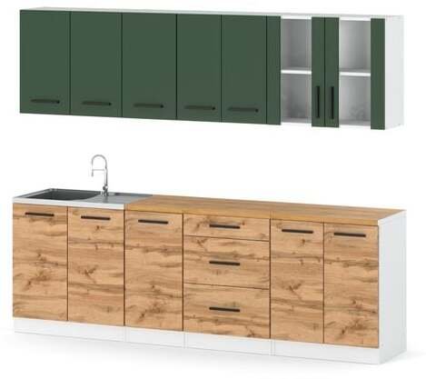 Kuchnia Nowoczesna Modułowa Blat 2.6m Remino Biały Butelkowa Zieleń Wotan