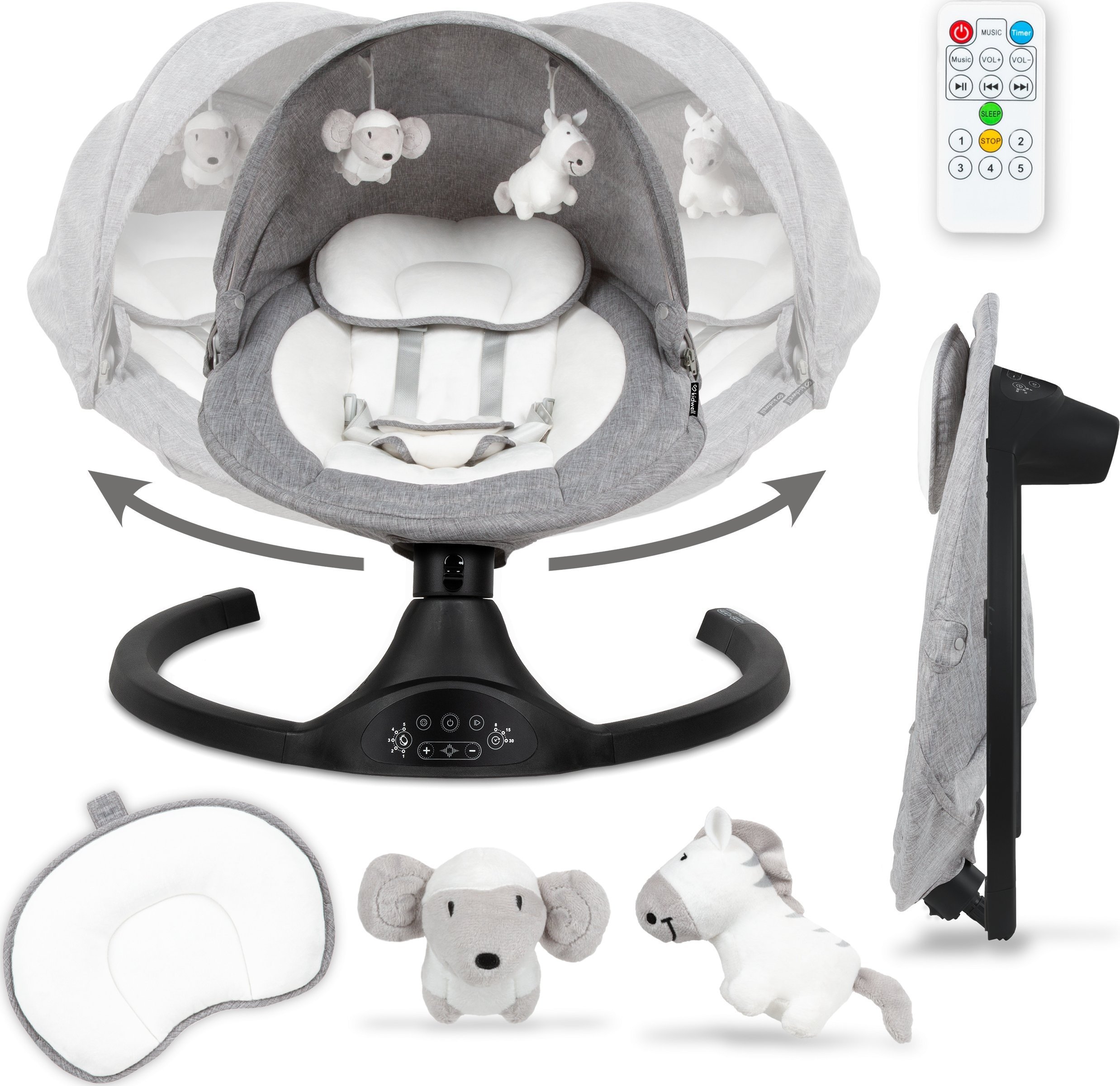 Bujaczek leŻaczek elektryczny 2w1 kidwell luxi z moskitierĄ i bluetooth melange/black