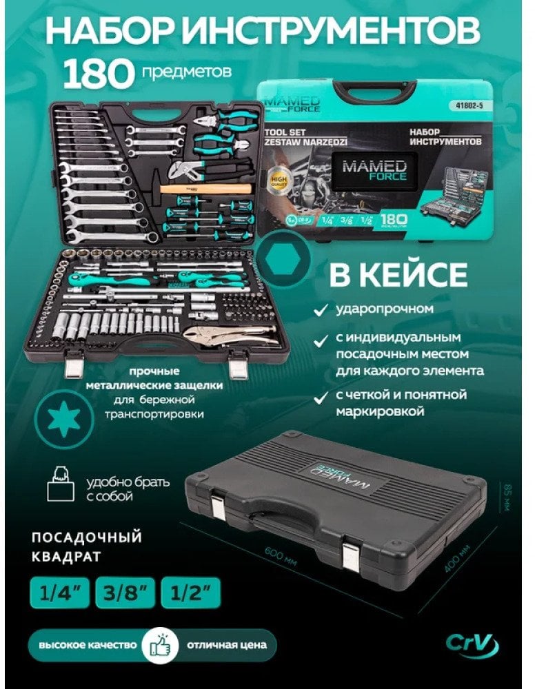 Zestaw narzędzi 1/4", 3/8" i 1/2" 180el. (6-kątnych) (4-32mm)