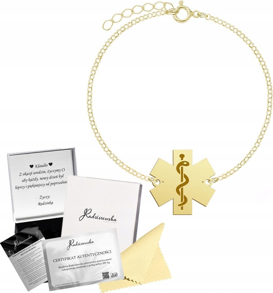 Radziszewska Jewellery Złota Bransoletka Eskulap Znak Medyczny GRAWER Łańcuszek Prezent ŻYCZENIA