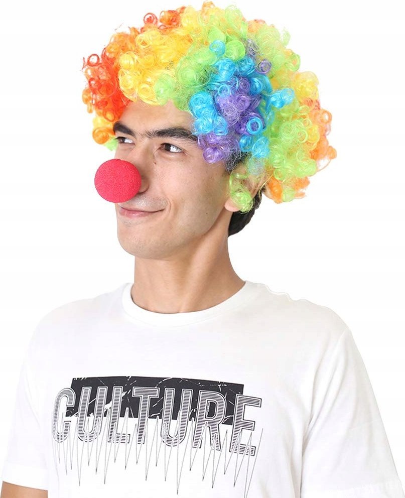 PERUKA CLOWN CLOWNA KOLOROWA CZERWONY NOS ANIMATOR