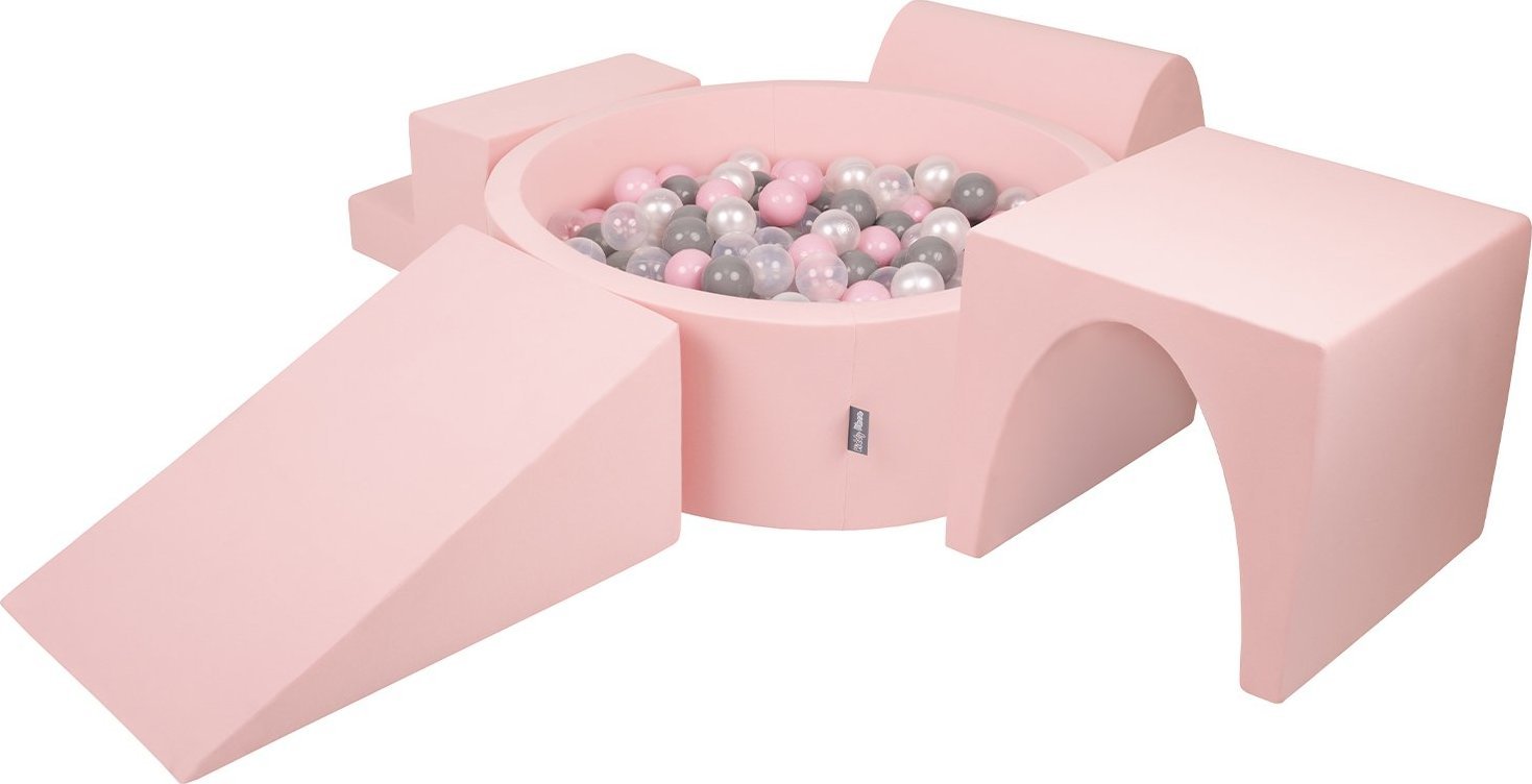 KiddyMoon Piankowy plac zabaw PPZP-OK30D-125 z piłeczkami różowy: perła-szary-transparent-pudrowy róż basen 200/klin L/górka/tunel/schodek Zabawka pla