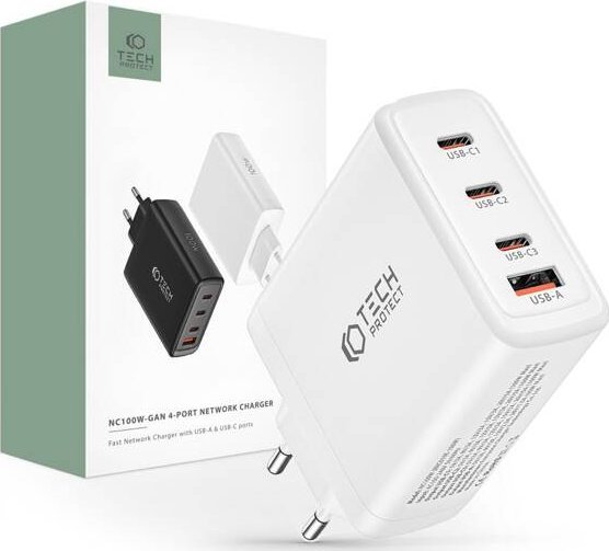 Ładowarka Tech-Protect TECH-PROTECT NC100W-GAN 4-PORT NETWORK CHARGER PD100W/QC3.0 WHITE