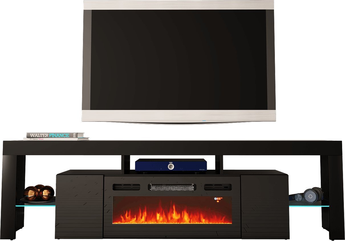 MEGSTYL SZAFKA RTV 200CM Z WKŁADEM KOMINKOWYM - SOLEO 1 Czarny mat - Czarny połysk