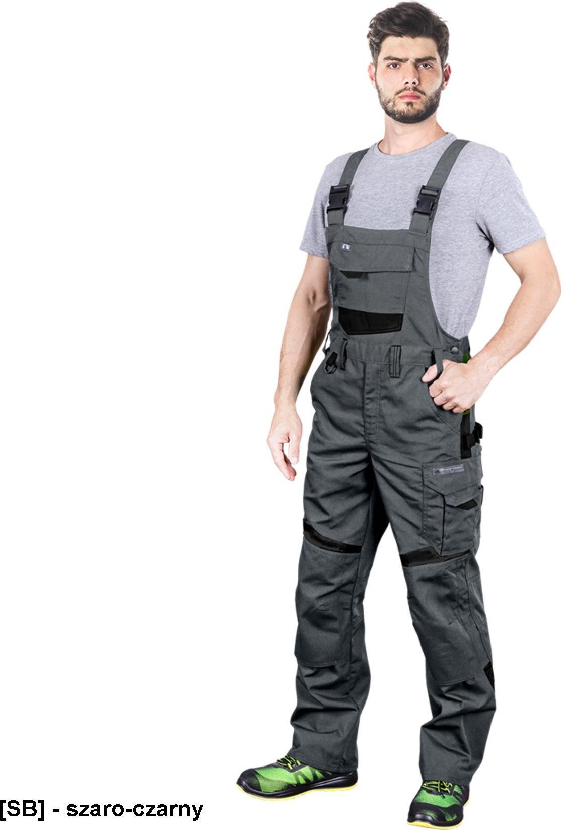 R.E.I.S. LH-TANZO-B - spodnie ochronne ogrodniczki, 8 kieszeni, pętelki na akcesoria, 65% poliester, 35% bawełna 270 g/m2, - szaro-czarny 52