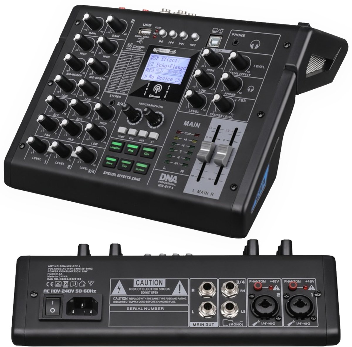 DNA MIX-EFF 4 analogowy mikser dźwięku 4 kanały USB MP3 Bluetooth Phantom +48V DSP EQ