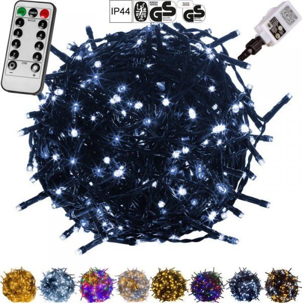 Lampki choinkowe MXSTP Lampki 100 LED zimne białe 10m zielony kabel IP44 pilot i programator