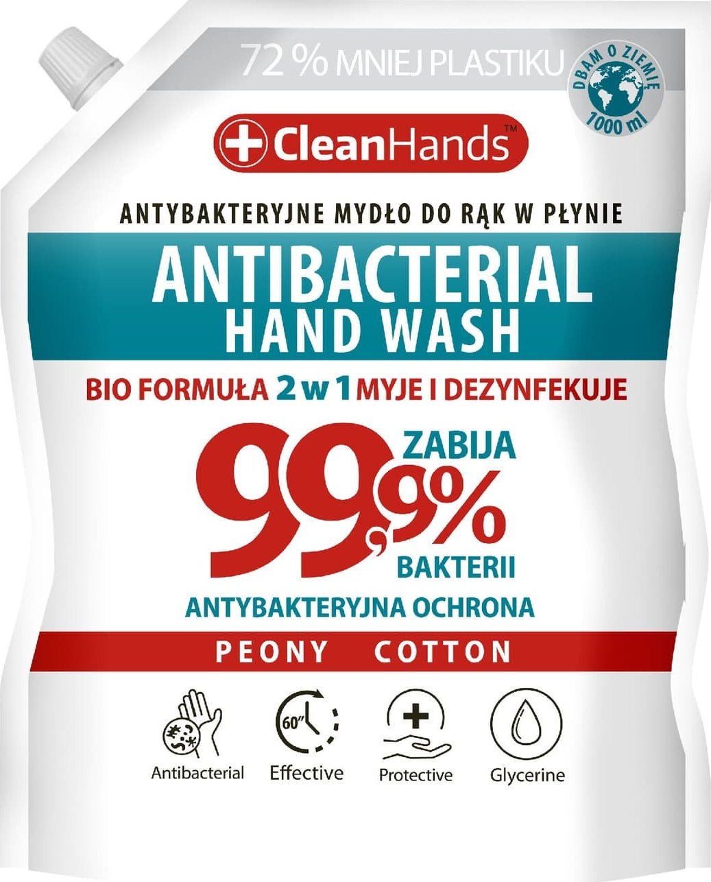 Chemia Mydło antybakteryjne CLEAN HANDS, BIO 99,9% Peony&Cotton, 1000 ml