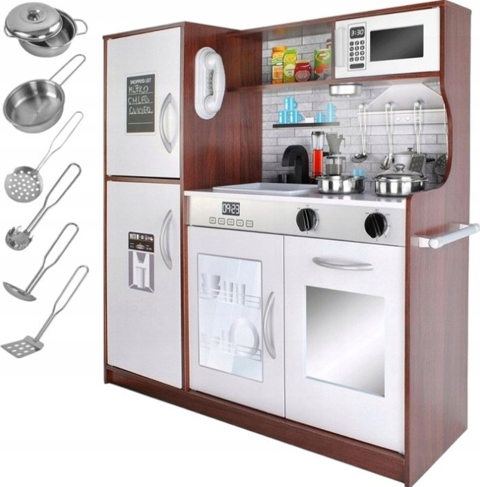 Drewniana kuchnia z lodówką + światło + akcesoria