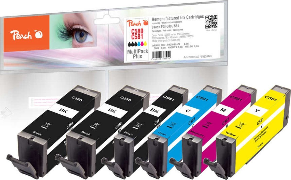 Peach Peach PI100-357 nabój z tuszem 6 szt. Zamiennik Standardowa wydajność Czarny, Cyjan, Purpurowy, Żółty