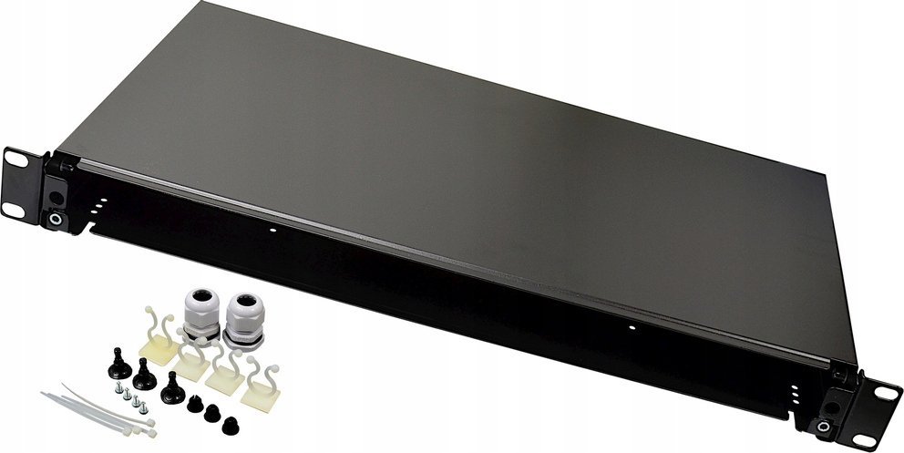 Panel krosowy FO bez płyty czołowej 19'' 1U, wysuwany, dławnica PG13.5 i PG16, opaski/uchwyty,czarny