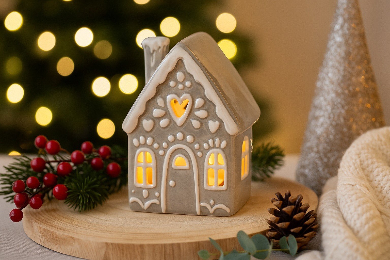 Domek ceramiczny na t-light beżowy 17,5 cm